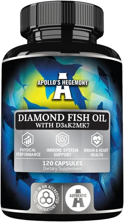 APOLLO'S HEGEMONY Diamond Fish Oil 1000mg per Capsule with Vitamins D3, K2 and E - 120 Capsules - High Dose Omega 3 with 330mg EPA and 220mg DHA - Fish Oil Fatty Acids (EFAs)