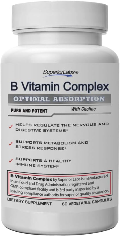 Superior Labs B Vitamin Complex - Superior Absorption - 100% NonGMO Safe from Additives, Stearates, Gluten and Other Allergens - Regulate Digestive System and Support Metabolism - 60 Vegetable Caps