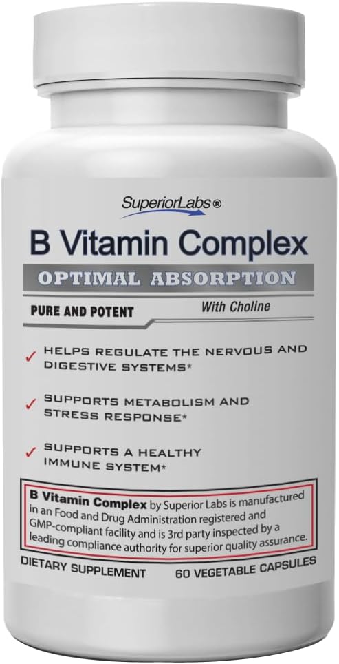 Superior Labs B Vitamin Complex - Superior Absorption - 100% NonGMO Safe from Additives, Stearates, Gluten and Other Allergens - Regulate Digestive System and Support Metabolism - 60 Vegetable Caps