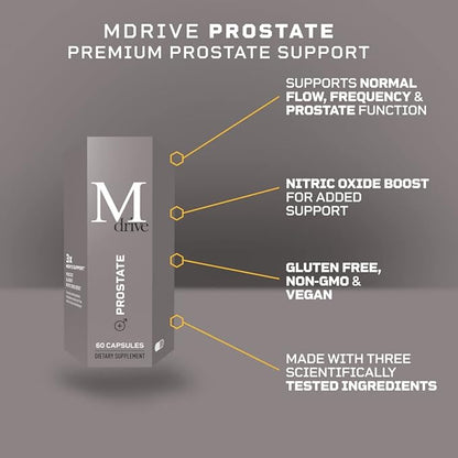 Mdrive Prostate Prostate Support Supplement for Men's Health, Promotes Urinary Tract Health, Supports Normal Flow, Frequency & Bladder Emptying, Flowens Cranberry Extract, S7 N.O. Booster, 60 Capsules
