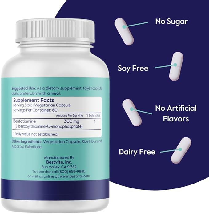 BESTVITE Benfotiamine 300mg (60 Vegetarian Capsules) No Stearates - No Silicon Dioxide - Vegan - Non GMO - Gluten Free