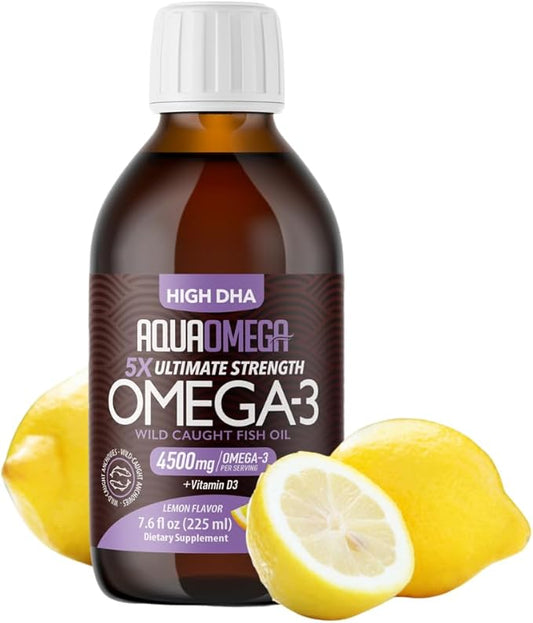 5X Ultimate Strength Omega 3 Fish Oil Liquid 4500mg, Omega 3 Liquid Fish Oil Burpless, High DHA EPA Omega3 Supplement for Women and Men with Vitamin D, 3380mg DHA, 670mg EPA, 7.60 floz, Lemon Flavor