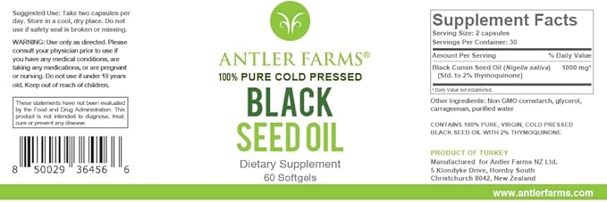 Antler Farms - Black Seed Oil Softgel Capsules -100% Pure, Virgin, Cold-Pressed 60 Softgels, 500mg – 2% Thymoquinone, Turkish Black Cumin Nigella Sativa Seed Oil