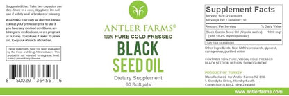 Antler Farms - Black Seed Oil Softgel Capsules -100% Pure, Virgin, Cold-Pressed 60 Softgels, 500mg – 2% Thymoquinone, Turkish Black Cumin Nigella Sativa Seed Oil