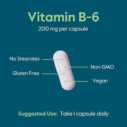 BESTVITE Vitamin B-6 200mg (120 Vegetarian Capsules) - No Stearates - No Flow Agents - Vegan - Non GMO - Gluten Free
