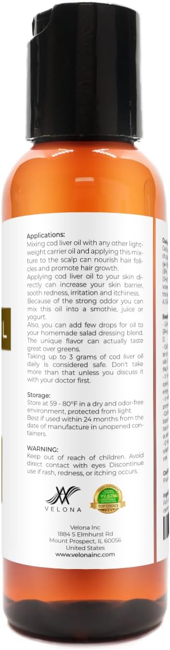 velona Cod Liver Oil - 2 Fl Oz | 1,000A/100D IU/g Omega 3 Vitamins A & D3 | Norwegian Arctic Sustainably Sourced Nordic Oil | Hair, Body and Skin Care | Use Today - Enjoy Results