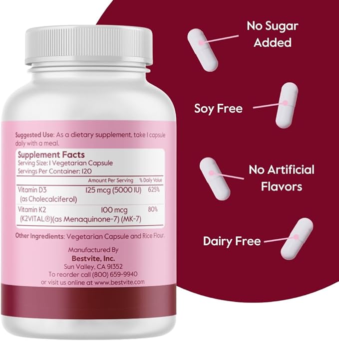 BESTVITE Vegan Vitamin D3 5000 IU + Vitamin K2 100 mcg as MK-7 (120 Vegetarian Capsules) - No Stearates - Vegan - Non GMO - Gluten Free