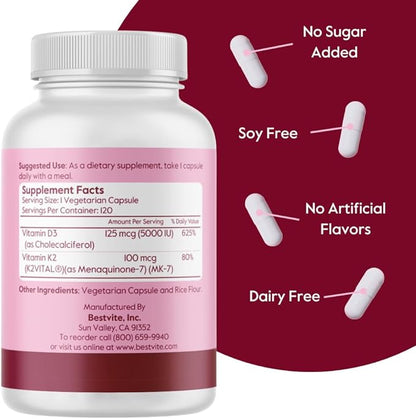 BESTVITE Vegan Vitamin D3 5000 IU + Vitamin K2 100 mcg as MK-7 (120 Vegetarian Capsules) - No Stearates - Vegan - Non GMO - Gluten Free