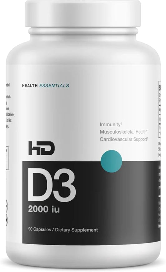 HD MUSCLE HealthHD D3 | 2000iu High Potency Vitamin D3 Supplement | Healthy Muscle Function & Recovery | Immune Support | Calcium Absorption | 90 Capsules