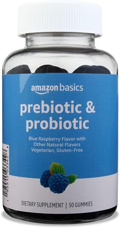 Amazon Brand - Solimo Prebiotic & Probiotic Gummies, 2 Billion CFU, Blue Raspberry, 50 Count (2 per Serving)