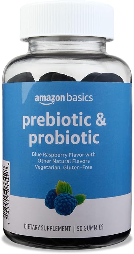 Amazon Brand - Solimo Prebiotic & Probiotic Gummies, 2 Billion CFU, Blue Raspberry, 50 Count (2 per Serving)
