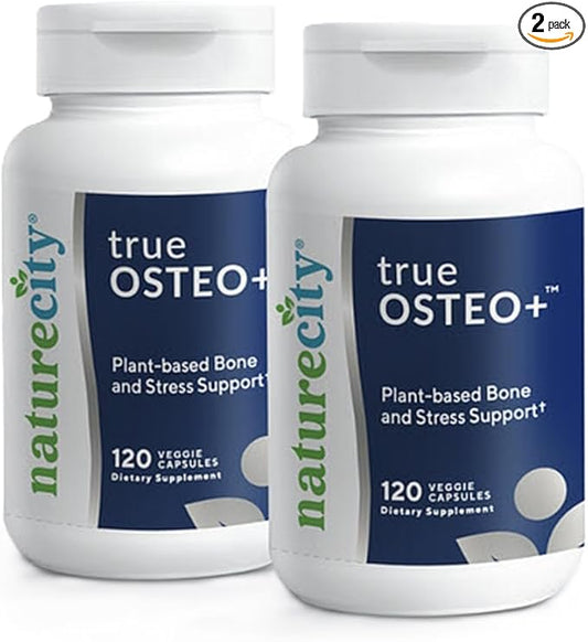 NatureCity True-Osteo+ for Bone Strength & Density | Plant Based Calcium Supplement with Organic AlgaeCal Calcium & Magnesium, Vitamin D3, K2, Silicon & Stress Support | 240 Veggie Capsules