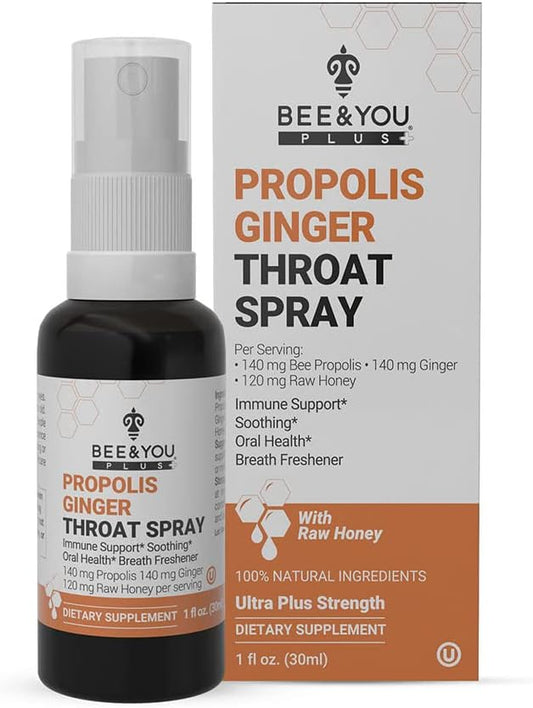 Bee and You Propolis Ginger Raw Honey Soothing Throat Spray, Ultra Pure, Immune Support Supplement, Oral Health, Antioxidants, Keto, Paleo, Gluten-Free, 1 Fl Oz