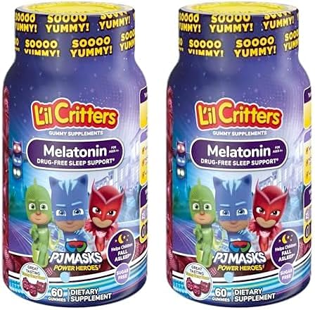 L'il Critters PJ Masks Gummy Melatonin Supplement for Kids, Drug-Free Sleep Support, 60 Gummies (Pack of 2)