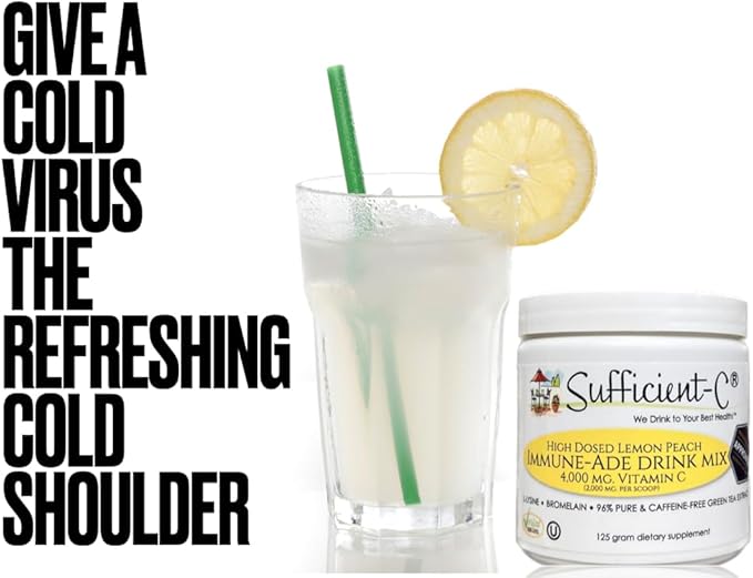 Sufficient-C High Dose Non-GMO Vitamin C Lemon Peach Immune-Ade Drink Mix, Convenient 125 Gram Size w/L-lysine, Bromelain & a Premium 96% Pure Green Tea Extract - Stomach Friendly, Adrenal Supportive