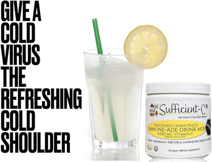 Sufficient-C High Dose Non-GMO Vitamin C Lemon Peach Immune-Ade Drink Mix, Convenient 125 Gram Size w/L-lysine, Bromelain & a Premium 96% Pure Green Tea Extract - Stomach Friendly, Adrenal Supportive