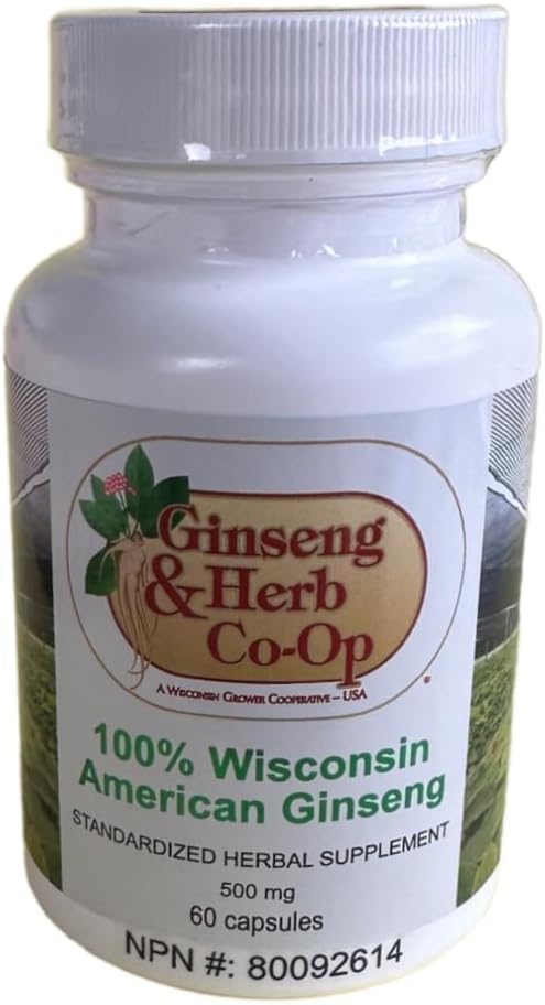 100% Pure Wisconsin American Ginseng Capsules - 500mg. Authentic Panax Quinquefolius. Potent Ground Ginseng Root - No Fillers, Binders or Other Additives.