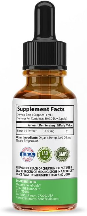 NATURE'S BENEFICIALS Organic Hemp Oil Extract Drops, 1000mg - Omega Fatty Acids 3 6 9, Non-GMO Ultra-Pure CO2 Extracted