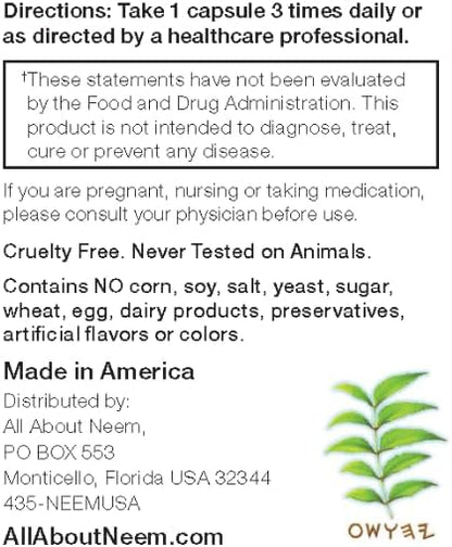 Neem Bark Capsules 400 mg Organic Fresh Ground Neem Bark Powder Grown in America 120 Count & Made in USA Vegan
