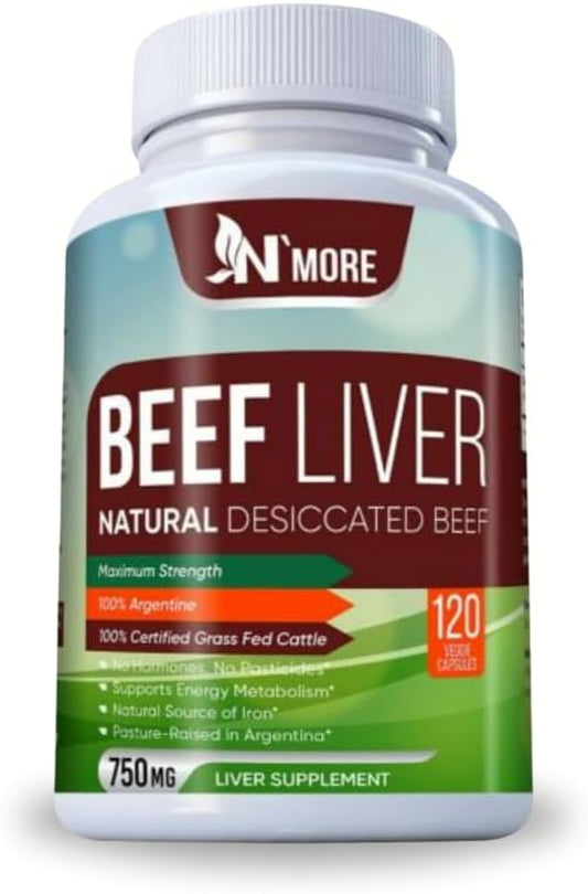 N'More Desiccated Liver Capsules, Certified 100% Grass Fed Undefatted Argentine Natural Beef Liver Supplements, 120 Capsules, 750mg per Capsule