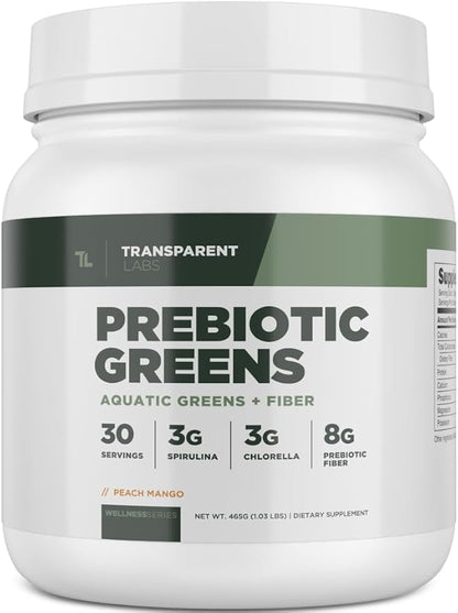 Transparent Labs Prebiotic Greens - Superfood Powder & Antioxidants Supplement with Organic Spirulina, Chloerra, Acacia, & Green Banana Powder - 30 Servings, Peach Mango