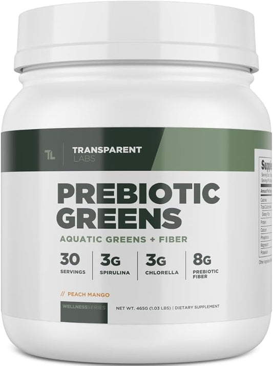Transparent Labs Prebiotic Greens - Superfood Powder & Antioxidants Supplement with Organic Spirulina, Chloerra, Acacia, & Green Banana Powder - 30 Servings, Peach Mango