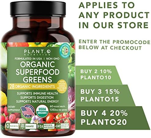 Plant.O Organic Super Greens [Fruit & Veggie Supplement] High Absorption Antioxidants from Green Powder with Alfalfa, Beet Root, Tart Cherry for Immune Support, Gut Health, Energy, 60 Veggie Tablets