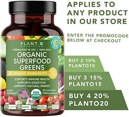 Plant.O Organic Super Greens [Fruit & Veggie Supplement] High Absorption Antioxidants from Green Powder with Alfalfa, Beet Root, Tart Cherry for Immune Support, Gut Health, Energy, 60 Veggie Tablets