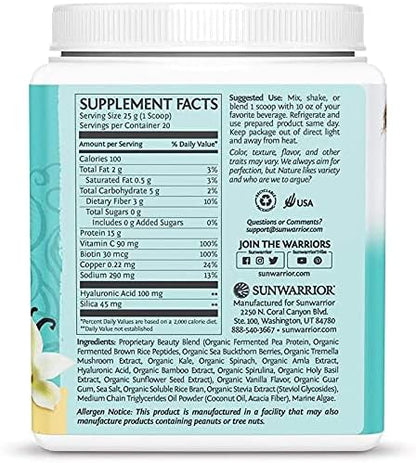 Vegan Collagen Protein Powder Plant-based | Hyaluronic Acid Minerals Biotin Soy Free Dairy Free Gluten Free NON-GMO | Vanilla 20 Servings | Collagen Building Peptides by Sunwarrior