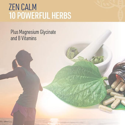 Zen Calm Stress Adrenal Support Supplement Organic Adaptogenic Herbs - Magnesium, B Vitamins, GABA & More to Support a Natural Calm. Non-Drowsy. Non-GMO (60 Veggie Caps)
