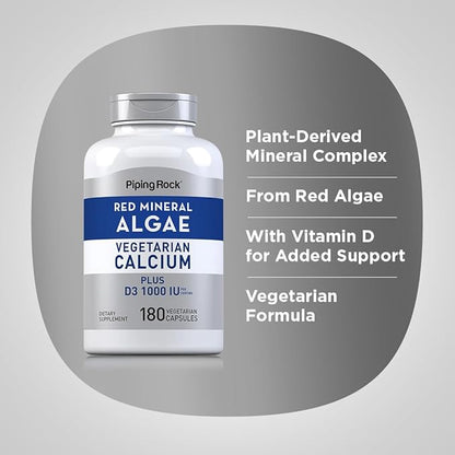 Piping Rock Red Mineral Algae | Vegetarian Calcium | 180 Capsules | Plant Based Plus Trace Minerals | Plus D3 1000 IU | Non-GMO, Gluten Free Supplement