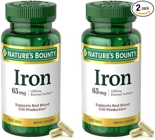 Nature's Bounty Iron 65mg, 325 mg Ferrous Sulfate, Cellular Energy Support, Promotes Normal Red Blood Cell Production, 100 Tablets (Pack of 2)