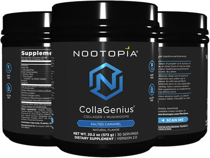 Collagenius v 2.0 - Blended Powder of 4 Mushrooms, Collagen & Superfoods - Brain Supplement Supports Focus, Memory, Hair, Skin - Salted Caramel 30 Servings