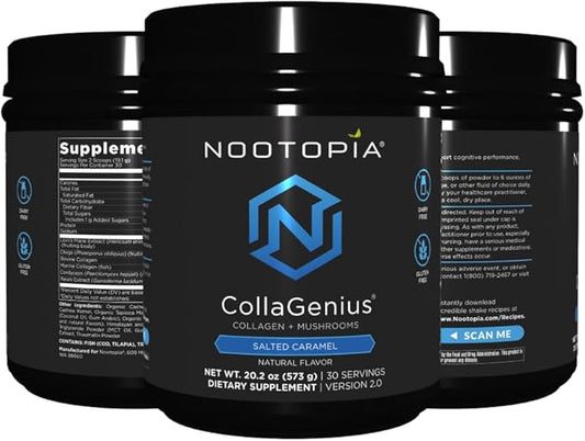 Collagenius v 2.0 - Blended Powder of 4 Mushrooms, Collagen & Superfoods - Brain Supplement Supports Focus, Memory, Hair, Skin - Salted Caramel 30 Servings