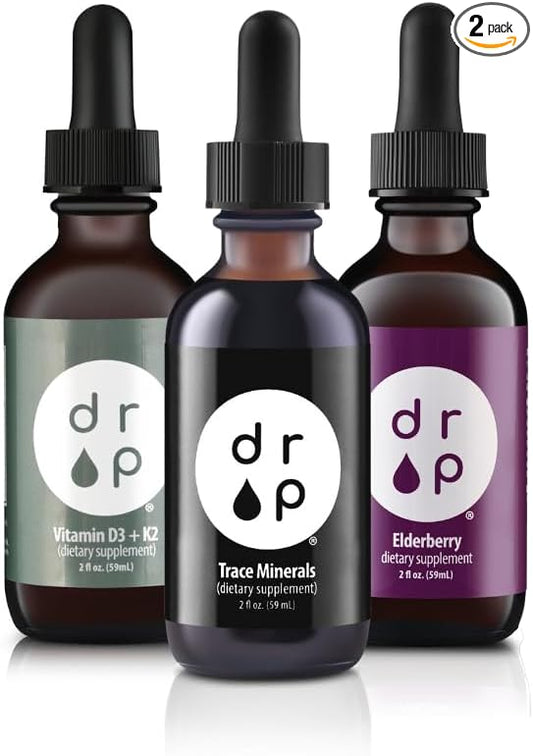 Drop Supplements Organic Trace Mineral Drops, Elderberry Drops and Vitamin D3+K2 Drops Bundle