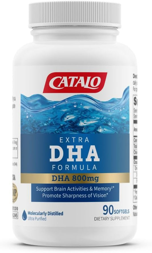 CATALO Extra DHA Formula, 800mg DHA per Serving, Ocean Fish Oil Softgels with Natural Lemon Flavor, Advanced Molecular Distillation, Easy-to-Swallow, No Artificial Colors & Preservatives – 90 Softgels