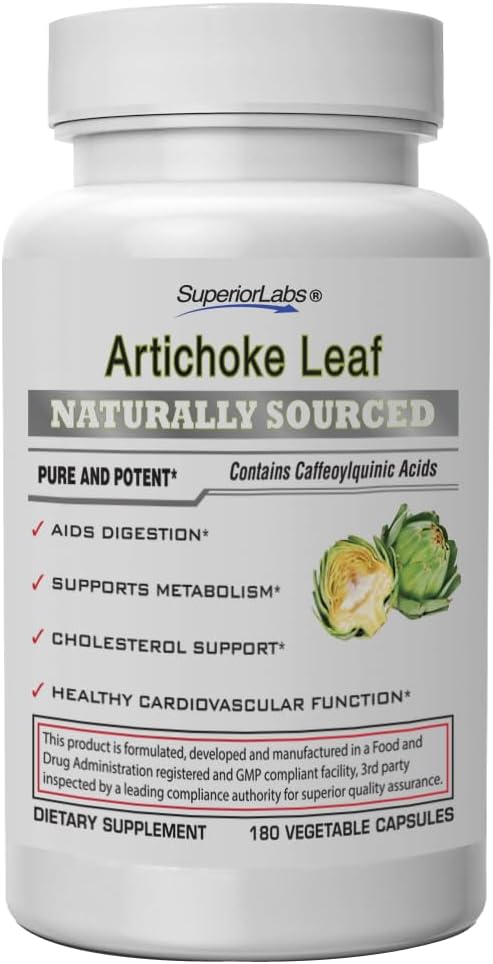 Superior Labs – Artichoke Leaf NonGMO Powerful with Caffeoylquinic Acid Natural Dietary Supplement to Support Healthy Metabolism, Digestion, Antioxidant, – 600 mg Dosage – 180 Veg Caps
