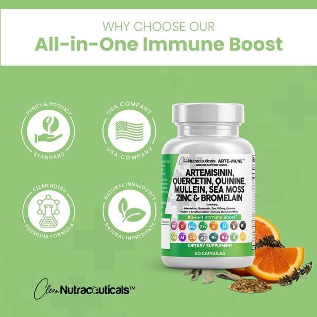 Clean Nutraceuticals Artemisinin Quercetin Zinc Mullein Quinine Supplement with Sea Moss Bromelain Ashwagandha Root Nettle Leaf Bladderwrack Burdock Root Monolaurin Colostrum Rutin