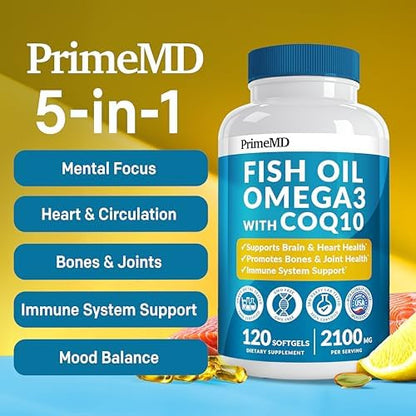 5-in-1 Fish Oil Omega 3 Supplements (2100mg) - Omega 3 Fish Oil with Vitamins D3 & K2 and CoQ10 - EPA DHA Omega 3 Supplement - Lemon Flavored Omega 3 Fatty Acid Supplements, Pack of 2