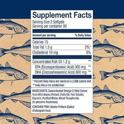 Wiley's Finest Wild Alaskan Fish Oil Prenatal DHA - 900mg EPA and DHA Omega-3s for Pregnant Women and Nursing Mothers - 180 Softgels (90 Prenatal Vitamin Servings)