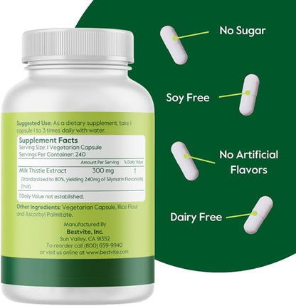 BESTVITE Milk Thistle 300mg (240 Vegetarian Capsules) - Standardized to 80% Silymarin Flavonoids - No Stearates - Vegan - Non GMO - Gluten Free