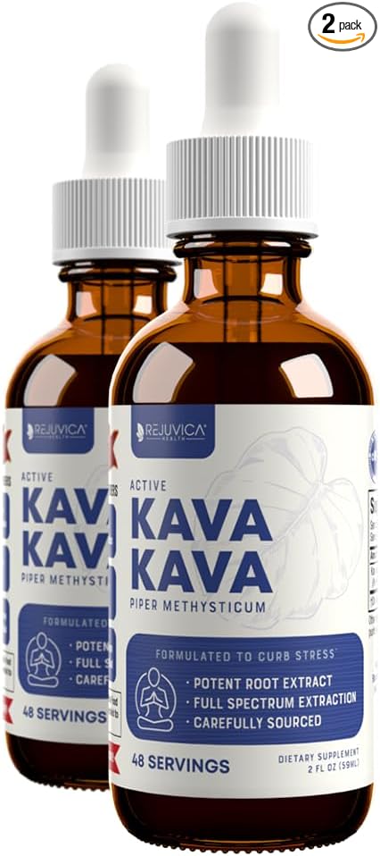 Rejuvica Health Kava Kava Root Extract Supplement - Active Kava Kava - Potent Relaxation & Calm - Liquid Extract - Piper Methysticum - Noble Variety - Naturally Occurring Kavalactones - 96 Servings