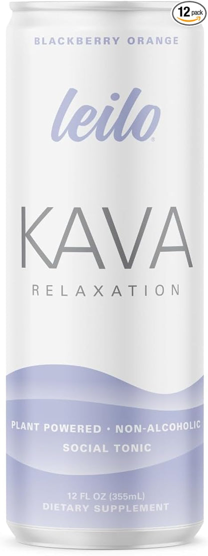LEILO | Kava Powered Sparkling Relaxation Drink | BlackBerry Orange 12-Pack – Non-ALC Calming Beverage | 12 fl oz Cans (Pack of 12)