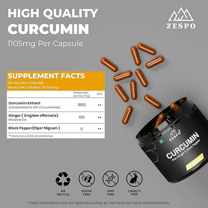 Curcumin Supplement 1105mg,with 95% Curcuminoids, Ginger & Piperine – Vegan, 90 Capsules