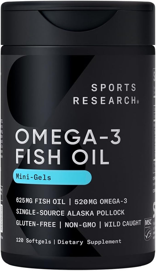 Sports Research Fish Oil Mini-Softgels - Easy to Swallow Omega-3 Fatty Acids from Wild Caught Alaska Pollock Supporting Brain & Heart Health - 625mg, 120 Capsules