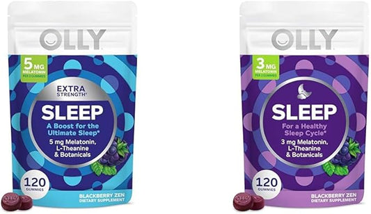 OLLY Extra Strength (5mg) & Regular Strength (3mg) Melatonin Sleep Gummies with L-Theanine, 120 Count Blackberry Flavor