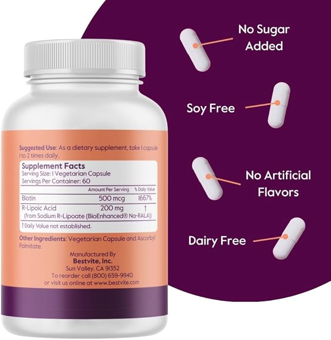 BESTVITE R-Lipoic Acid 200mg Stabilized with Bio-Enhanced Na-RLA (60 Vegetarian Capsules) - No Stearates - No Fillers - Vegan - Gluten Free - Non GMO