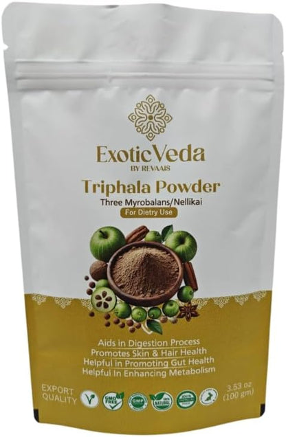 Organic Triphala Powder - Detox Cleanse for Lung, Liver, Colon, and Gut Health - Herbal Skin Care and Fiber Powder - Detox Ghrita and Triphala Organic India - 100g