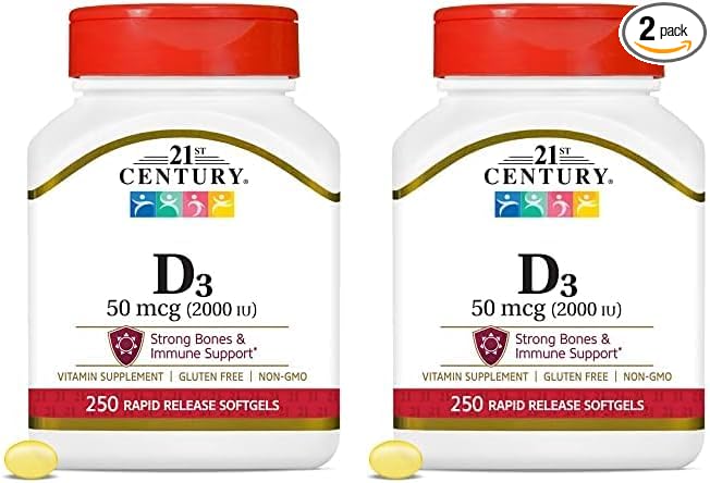 21st Century D3 2000 IU Softgels, 250 Count (Pack of 2)