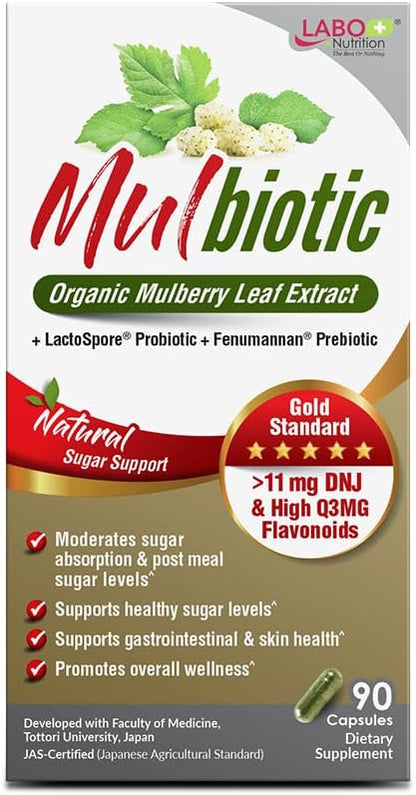 LABO Nutrition Mulbiotic Capsule, Organic Mulberry Leaf Extract + LactoSpore Probiotic & Fenumannan Prebiotic, for Healthy Carb Cravings Support, Vegetarian, Non-GMO